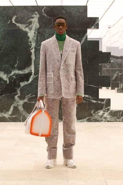 For Louis Vuitton autumn/winter 2021, Virgil Abloh created a suit of sheer silk, filled with down. Photo: Louis Vuitton