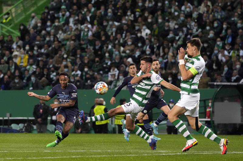 Manchester City's Raheem Sterling scores his side's fifth goal in the Champions League last-16 first-leg clash against Sporting Lisbon, on Tuesday, February 15, 2022. AP 