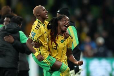 Deneisha Blackwood and Vyan Sampson of Jamaica celebrate advancing to the knockout stage of the Women's World Cup after their draw against Brazil. Getty