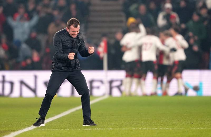 Southampton manager Nathan Jones celebrates a goal by Adam Armstrong before it is ruled out after a VAR check. PA