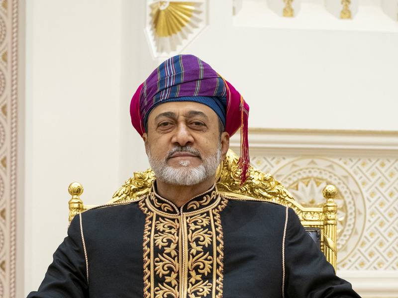 Sultan Haitham bin Tariq, Sultan of Oman, during a gift exchange meeting at Al Alam Palace. Photo: UAE Presidential Court
