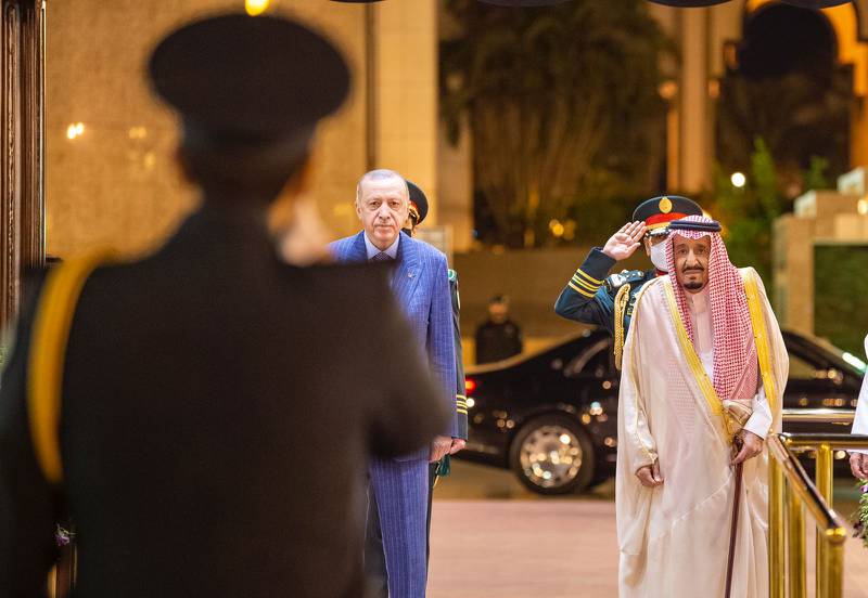 King Salman welcomes Mr Erdogan to Jeddah on the start of his two-day visit. 