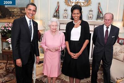 2009: US president Barack Obama and his wife Michelle Obama with the queen and Prince Philip during an audience at Buckingham Palace.