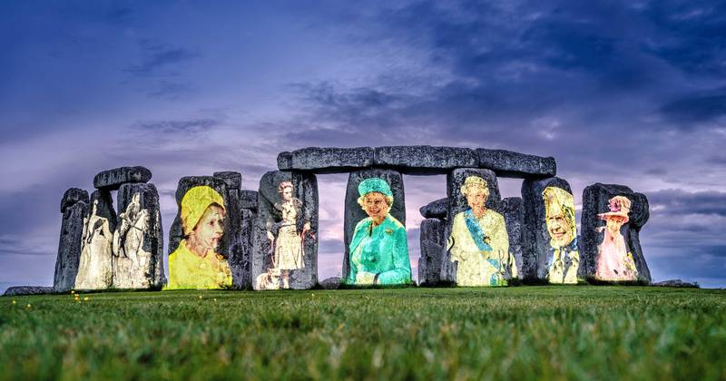 Images of Queen Elizabeth from each decade of her reign, projected on to Stonehenge in Wiltshire, to mark her platinum jubilee. PA