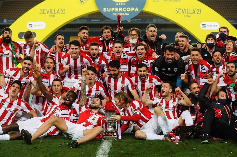 Athletic Bilbao celebrate their 3-2 Super Cup win over Barcelona in January 2021. EPA