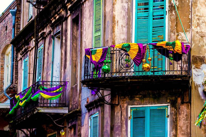 A building located in the French Quarter decorated for Mardi Gras. Getty Images