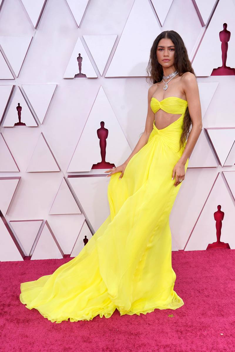 Zendaya, in Valentino, arrives for the 93rd annual Academy Awards ceremony at Union Station in Los Angeles, California, on, 25 April 25, 2021. Reuters