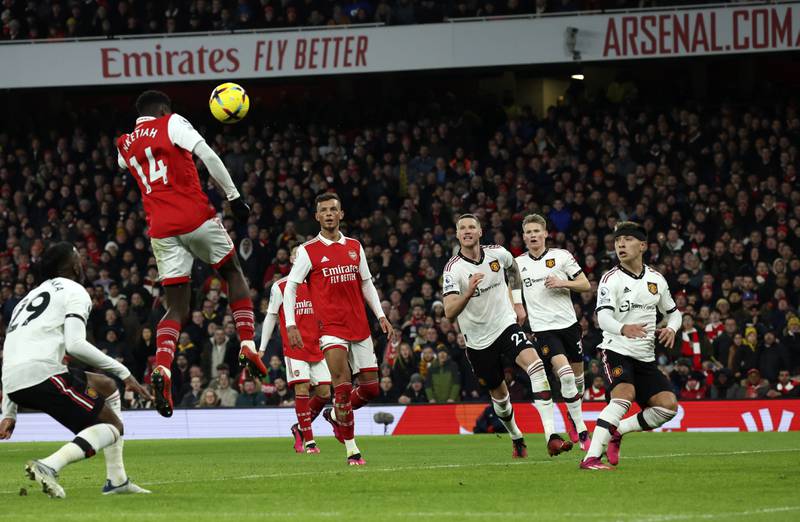Eddie Nketiah heads Arsenal level at Emirates Stadium. AP