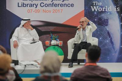 Ghassan Massoud, right, in conversation with Emirati actor Ahmed Al Jasmi, says world-class Arabic film is possible when the arts are given their proper place. Courtesy Sharjah International Book Fair.