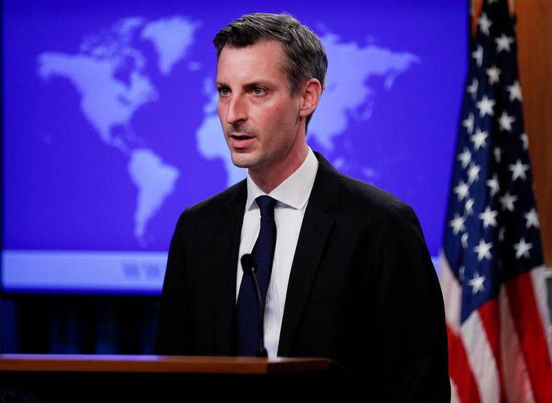 State Department Spokesman Ned Price speaks to reporters during a news briefing at the State Department in Washington, on Monday, March 1, 2021. (Tom Brenner/Pool via AP)