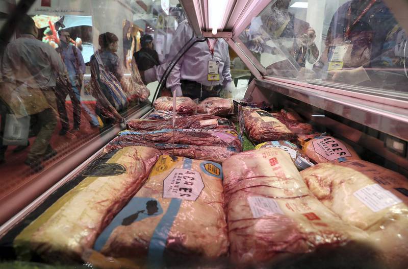 DUBAI, UNITED ARAB EMIRATES , Feb 18  – 2020 :- Halal beef and lamb on display at the JBS stand at the Gulfood held at Dubai World Trade Centre in Dubai. (Pawan  Singh / The National) For News/Standalone/Online