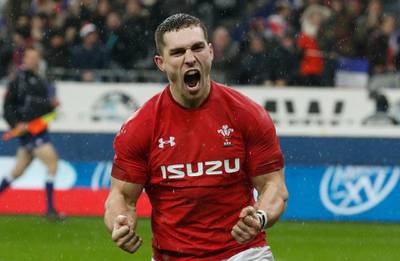 epa07337274 Georges North of Wales celebrates a try during the Six Nations Round 1 rugby match between France and Wales at the Stade de France in Saint-Denis, outside Paris, France, 01 February 2019.  EPA/YOAN VALAT