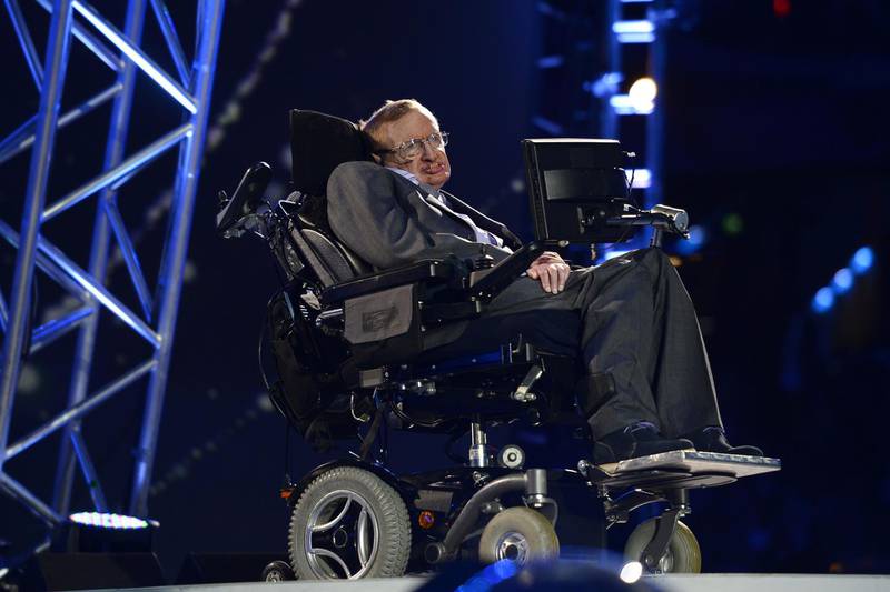 British scientist Stephen Hawking appears during the opening ceremony of the London 2012 Paralympic Games at the Olympic Stadium in east London.  
Leon Neal / AFP