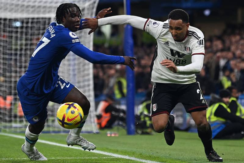 Chelsea's striker David Fofana fights for the ball with Fulham's defender Kenny Tete. AFP