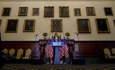 Democratic U.S. presidential candidate Joe Biden speaks about President Donald Trump's response to protests and rioting across the United States as he stands under photos of former Philadelphia mayors during an event at City Hall in Philadelphia, Pennsylvania, U.S. June 2, 2020.  REUTERS/Joshua Roberts     TPX IMAGES OF THE DAY