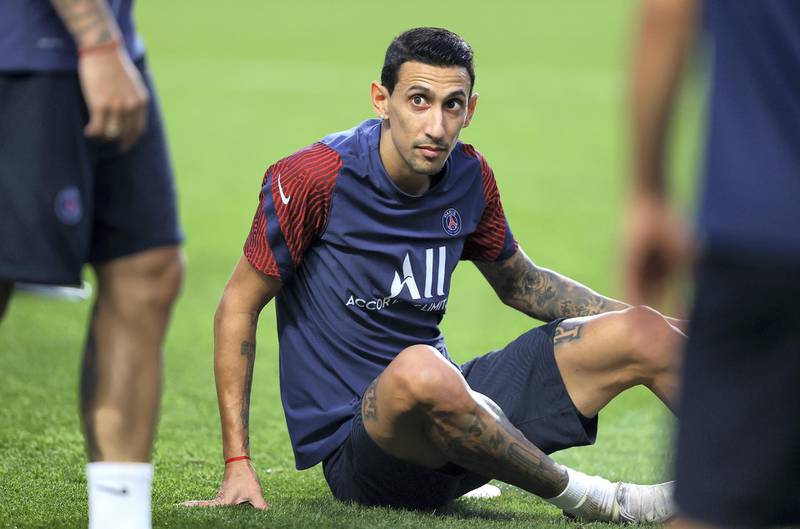 LISBON, PORTUGAL - AUGUST 22: Angel Di Maria of Paris Saint-Germain looks on during a training session ahead of their UEFA Champions League Final match against Bayern Munich at Estadio do Sport Lisboa e Benfica on August 22, 2020 in Lisbon, Portugal. (Photo by Julian Finney - UEFA/UEFA via Getty Images)