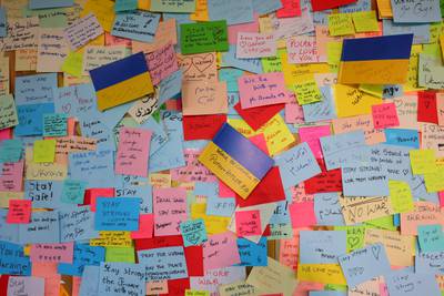 Messages in support of Ukraine on a board in the Ukrainian pavilion at Expo 2020 Dubai. AFP