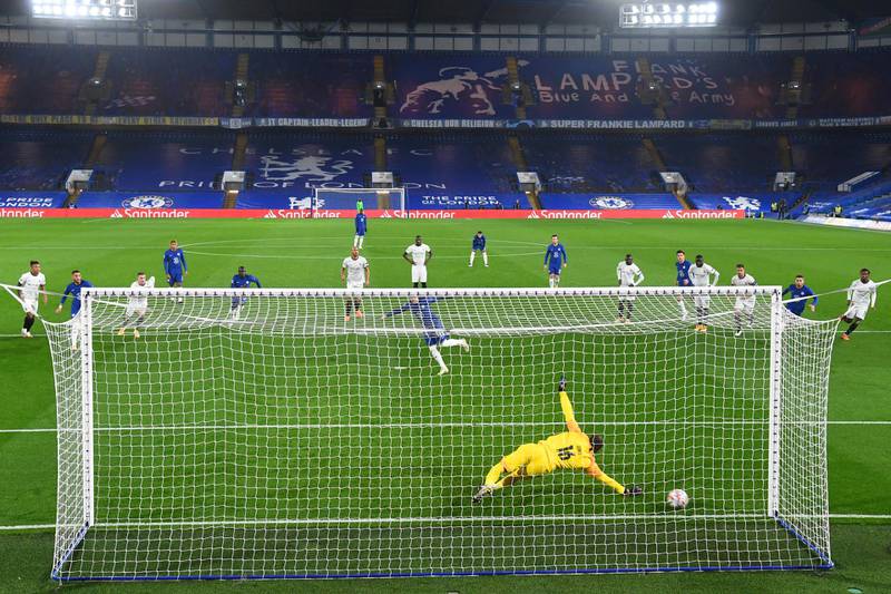Chelsea's Timo Werner scores the opening goal from the penalty spot against Rennes during the London's club's 3-0 Champions League win at Stamford Bridge, on Wednesday, November 4. EPA