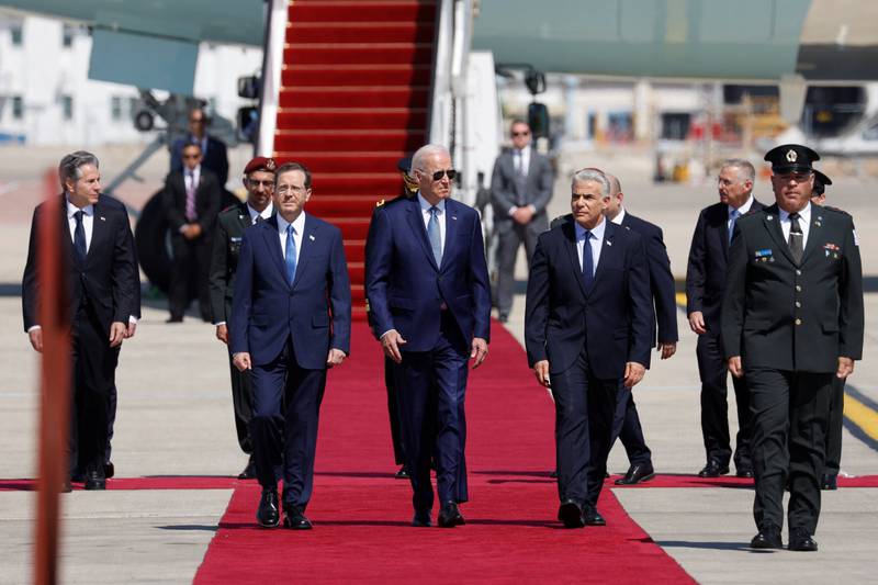 Caretaker Israeli Prime Minister Yair Lapid and President Isaac Herzog welcome US President Joe Biden to Israel as his trip begins. Reuters