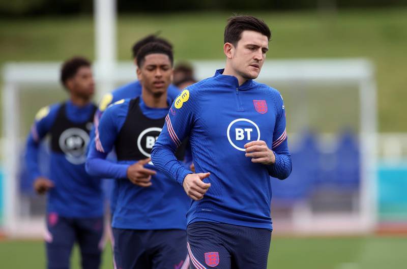 Harry Maguire trains with England teammates at St. George's Park ahead of the Euro 2020 match against Croatia. Reuters