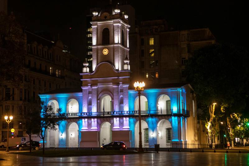 The Cabildo of Buenos Aires, located at the Plaza de Mayo area is lit up during the three days of national mourning as a tribute to Diego Maradona. Getty