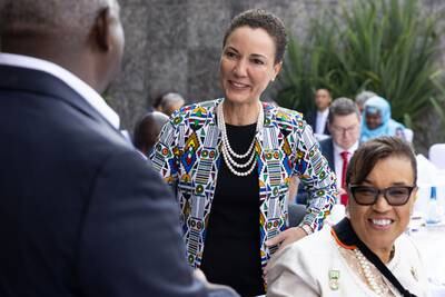 Jamaica's Foreign Minister Kamina Johnson Smith (middle), Commonwealth Secretary-General, Lady Patricia Scotland interact with the Prime Minister of the Bahamas, Philip Davis during a climate discussion breakfast on June 22 in Kigali, Rwanda. Getty