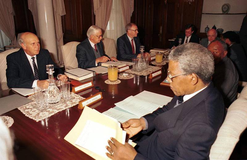 August 6, 1990: Former South African President Nelson Mandela, representing the African National Congress (ANC), begins peace talks known as the ‘Pretoria Minute’ with incumbent State President FW de Klerk at the Presidency in Pretoria, South Africa. EPA