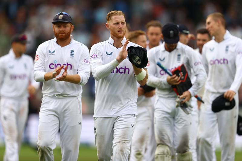 England captain Ben Stokes leads his team after his side's innings and 85 runs win against South Africa in the second Test at Old Trafford. Getty