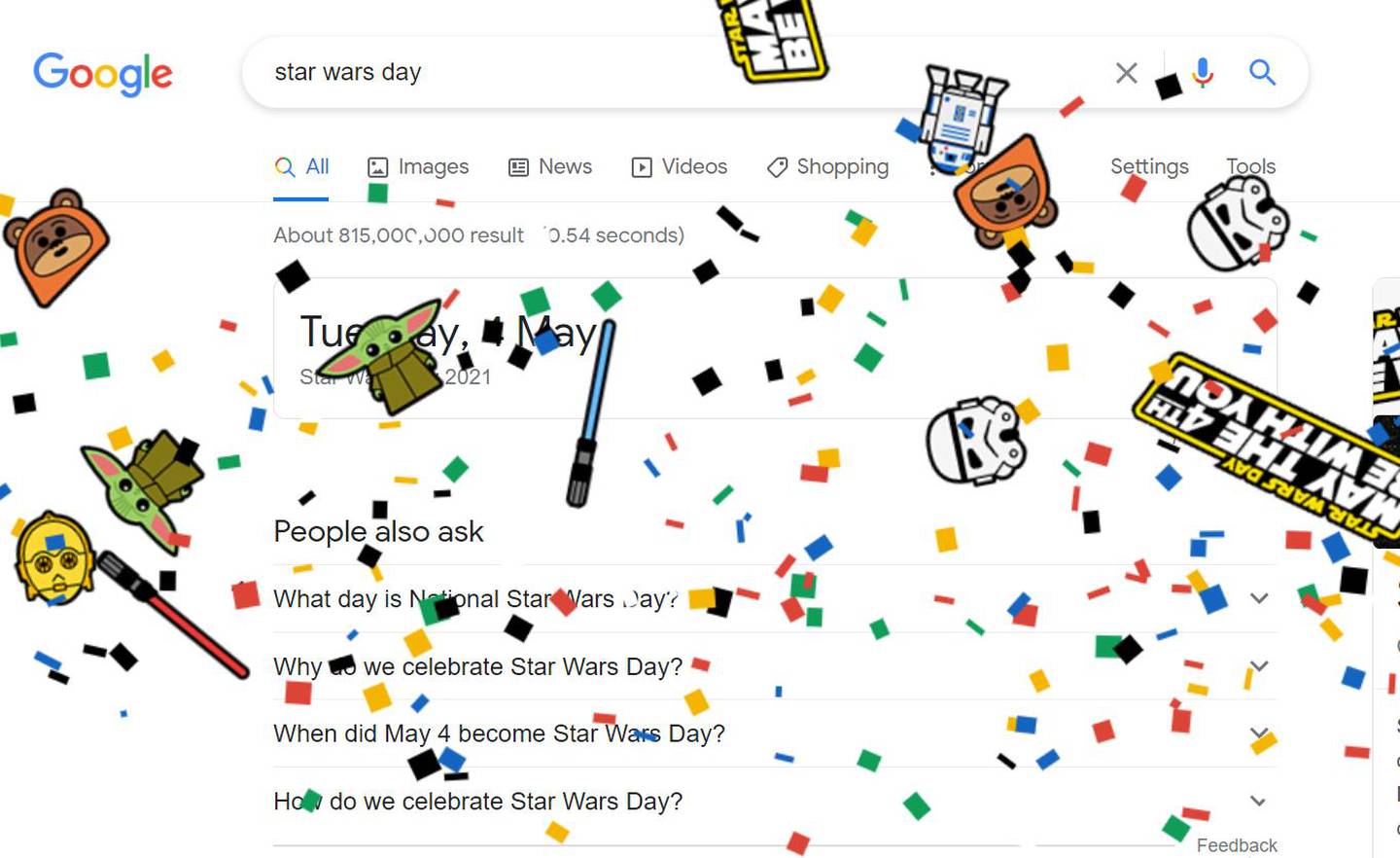Google celebrates Star Wars Day with themed virtual confetti. Courtesy Google