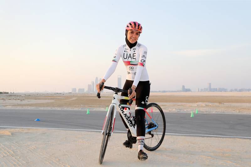 UAE Team ADQ rider Safiya Al Sayegh during training. The Emirati is the first Arab female professional cyclist. Photo: Pawan Singh / The National