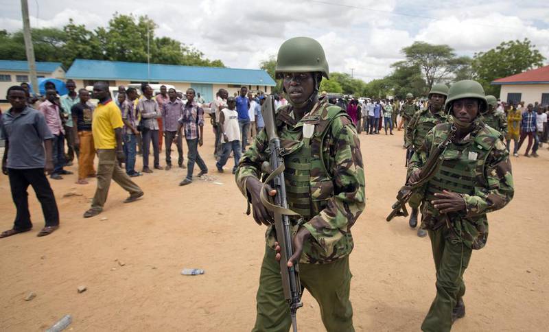 Kenyan soldiers on patrol after a 2015 attack by in Garissa, which killed almost 150. AP
