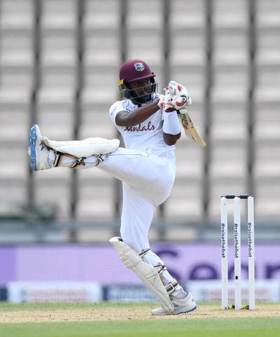 SOUTHAMPTON, ENGLAND - JULY 12: Jermaine Blackwood of the West Indies bats during day five of the 1st #RaiseTheBat Test match  at The Ageas Bowl on July 12, 2020 in Southampton, England. (Photo by Stu Forster/Getty Images for ECB)