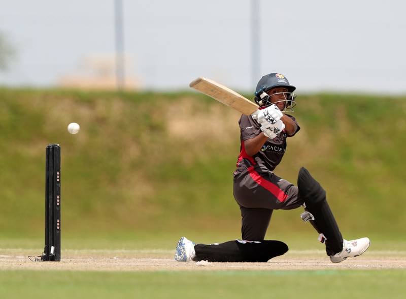 Theertha Satish, seen here in action against Hong Kong at the Malek Cricket Ground, Ajman o n April 30, 2022, fell just short of a century in the UAE's huge win over Bhutan on Friday. Chris Whiteoak / The National