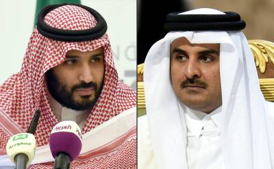 (COMBO) This combination of pictures created on September 9, 2017 shows then-Saudi Defence Minister and Deputy Crown Prince Mohammed bin Salman during a press conference in the capital Riyadh on April 25, 2016; and Qatar's Emir Sheikh Tamim bin Hamad Al-Thani attending the 136th Gulf Cooperation Council (GCC) summit in Riyadh on December 10, 2015.
The Qatari ruler called Saudi Crown Prince Mohammed bin Salman to express interest in talks to resolve a three-month-old diplomatic crisis, Saudi state media said early on September 9, 2017.
The crown prince "welcomed this desire," the Saudi Press Agency (SPA) reported, adding "details will be announced after Saudi Arabia reaches an agreement with UAE and Bahrain and Egypt", the Arab bloc that cut ties with Qatar in June. / AFP PHOTO / FAYEZ NURELDINE