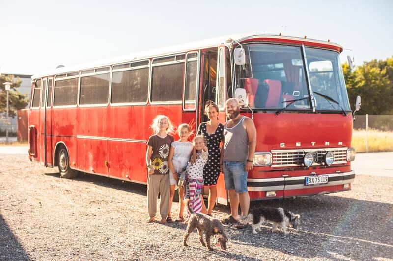 The Conrad family, aka the Worldschooling Nomads, have been living in a red bus since 2018. Photo: Cecile Conrad