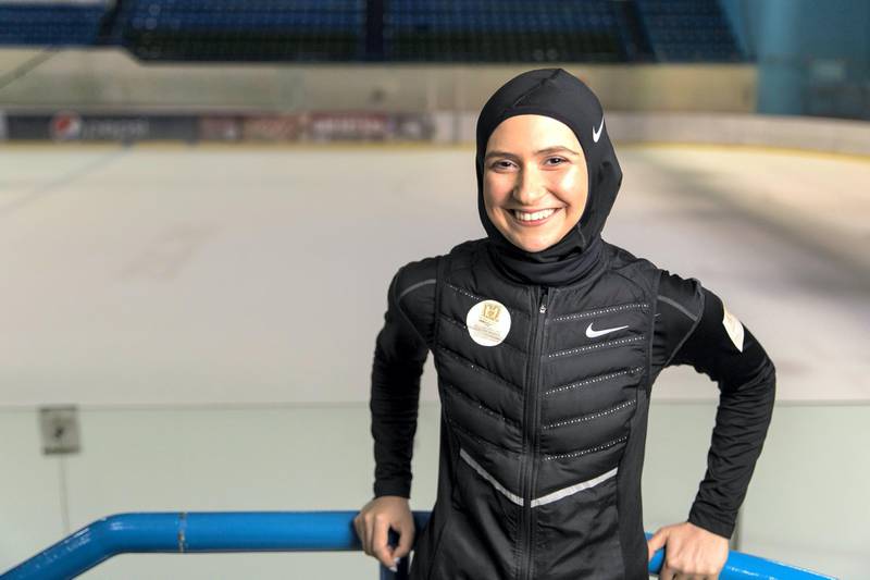 Abu Dhabi, United Arab Emirates, August 23, 2017:    Zahra Lari, an Emirati figure skater who is working towards qualifying for the 2018 Winter Olympics at the Ice Rink in the Zayed Sports City area of Abu Dhabi on August 23, 2017. Christopher Pike / The National

Reporter: Amith Passela
Section: Sport