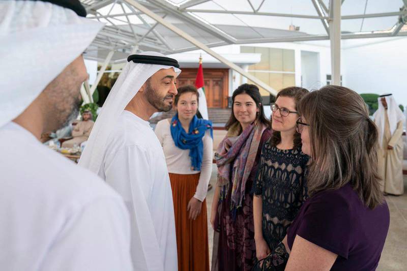 Sheikh Mohamed bin Zayed, Crown Prince of Abu Dhabi and Deputy Supreme Commander of the UAE Armed Forces, meet the children and grandchildren of Dr Pat and Marian Kennedy who founded the Kanad Hospital in Al Ain. MOPA