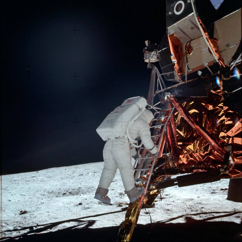 Aldrin descends a ladder from the Lunar Module during the Apollo 11 mission. NASA / AP