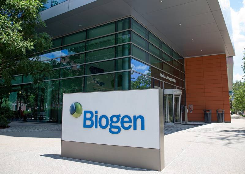 epa09253592 A view of the Biogen Inc., (BIIB Nasdaq) headquarters in Cambridge, Massachusetts, USA, 07 June 2021. The US Food and Drug Administration approved the experimental drug Aducanumab, for use in patients with early onset Alzheimer's disease.  EPA/CJ GUNTHER