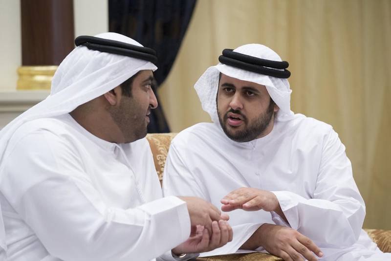 Sheikh Diab bin Mohammed bin Zayed, right, speaks with Sheikh Mohammed bin Hamdan bin Zayed, left. Donald Weber / Crown Prince Court - Abu Dhabi