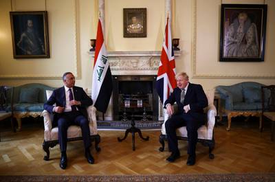 Boris Johnson meets with Mustafa Al Kadhimi at Downing Street. Reuters
