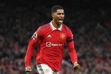 MANCHESTER, ENGLAND - FEBRUARY 04: Marcus Rashford of Manchester United celebrates after scoring the team's second goal during the Premier League match between Manchester United and Crystal Palace at Old Trafford on February 04, 2023 in Manchester, England. (Photo by Michael Regan / Getty Images)