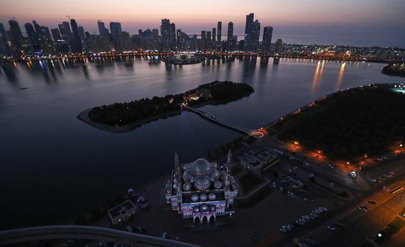 A general view of the Al Noor Mosque (Front) during the Sharjah Light Festival. EPA