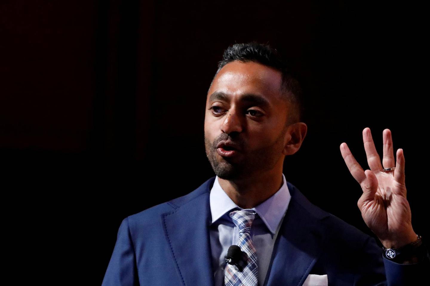 FILE PHOTO: Chamath Palihapitiya, founder and CEO of Social Capital, speaks during the Sohn Investment Conference in New York City, U.S., May 8, 2017. REUTERS/Brendan McDermid/File Photo