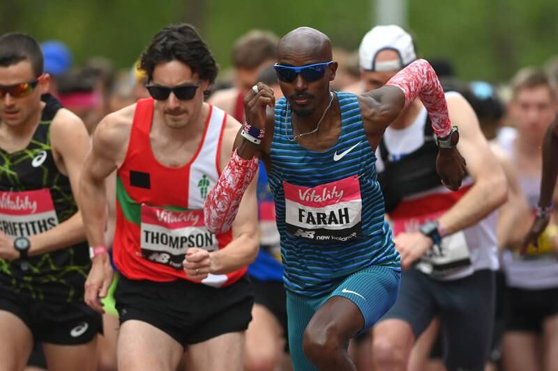 Mo Farah at the start of the men's elite race at Vitality London 10,000m on Monday, May 2, 2022. Getty