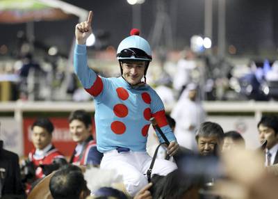 Dubai, United Arab Emirates - March 30, 2019: Almond Eye ridden by Christophe Lemaire wins the Dubai Turf during the Dubai World Cup. Saturday the 30th of March 2019 at Meydan Racecourse, Dubai. Chris Whiteoak / The National