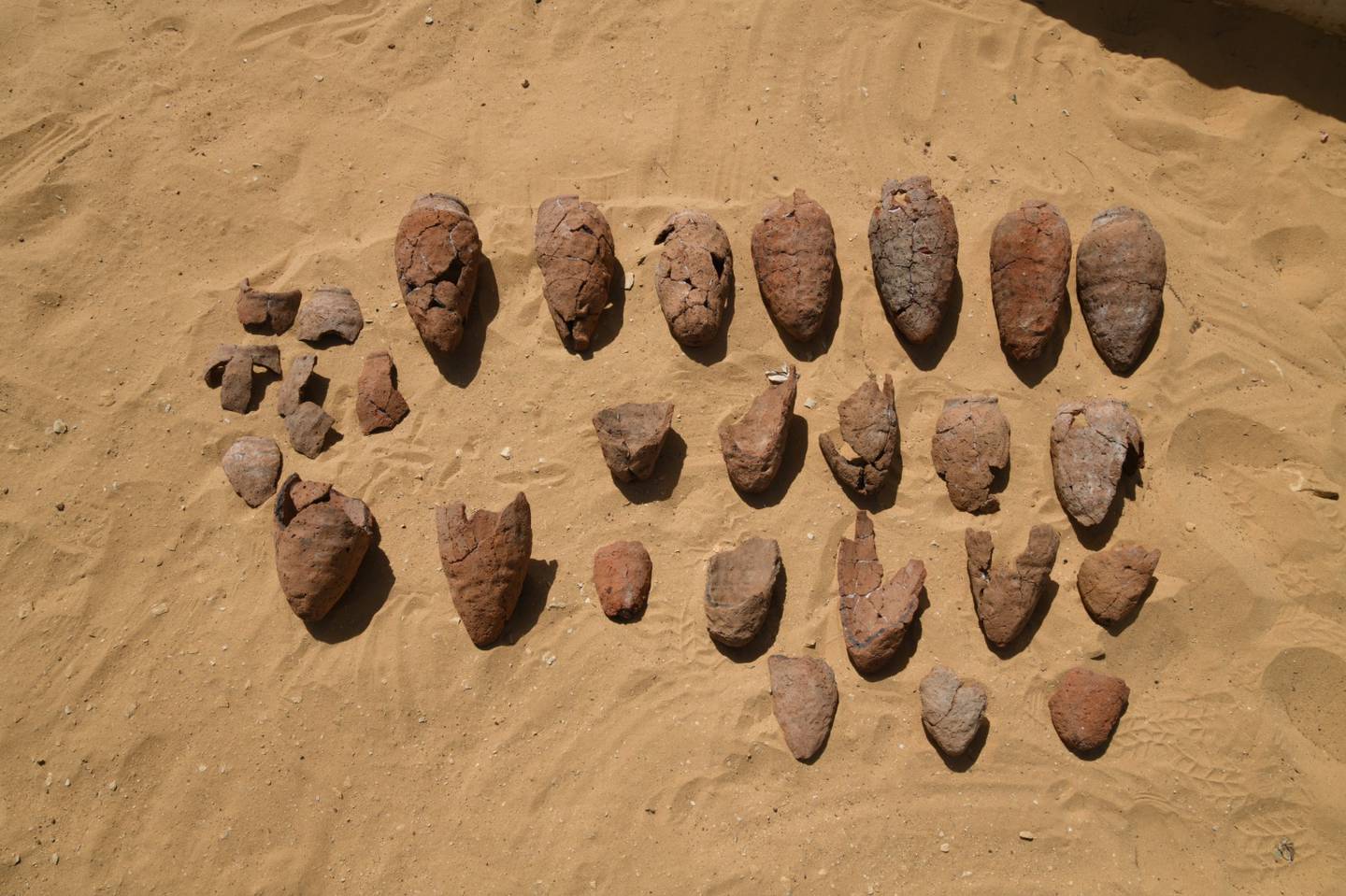 A number of clay pots excavated in Giza's Abu            Ghorab necropolis by an Italian-Polish mission. The pots were            found buried beneath a sun temple dedicated to the 5th dynasty            pharaoh King Nyuserre. Photo: Supreme Council of Antiquities