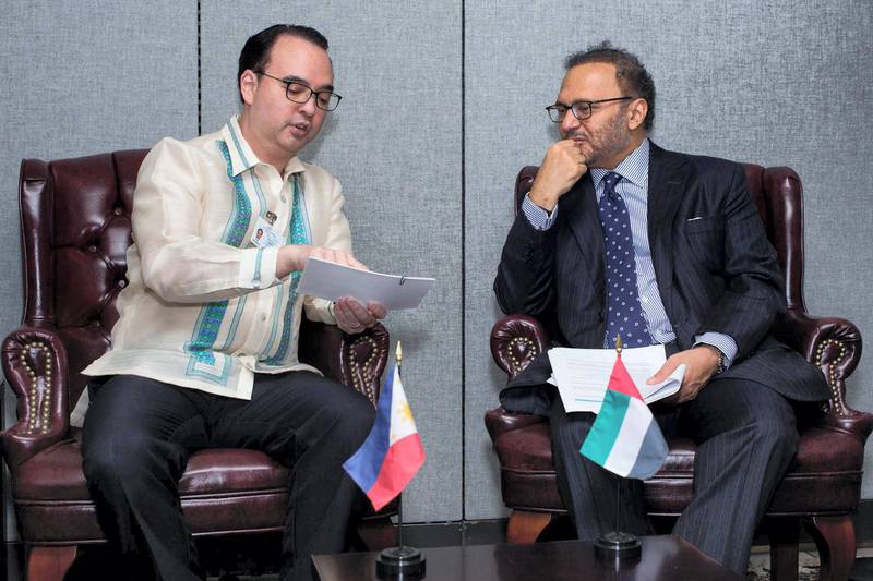 Dr Anwar Gargash meets the foreign minister of the Philippines, Alan Cayetano.