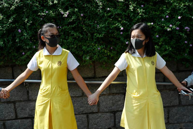 Students form a human chain at Kowloon Park in Hong Kong, China. EPA
