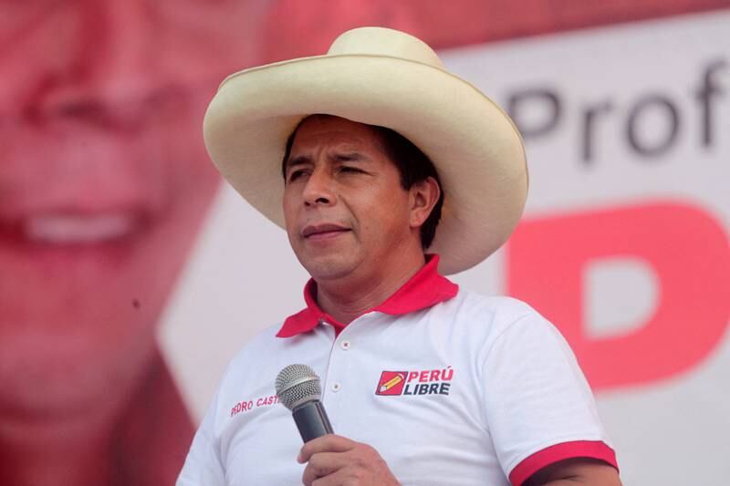 Pedro Castillo addresses supporters at a rally in Lima in 2021. Mr Castillo has said he remains Peru's lawful president. Reuters